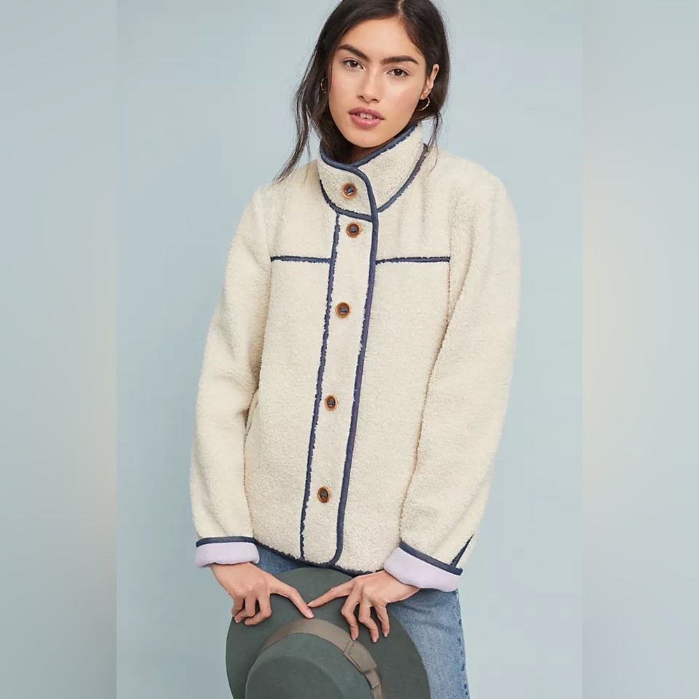 Anthropologie Sherpa Fleece Jacket Cream Navy Piped XL